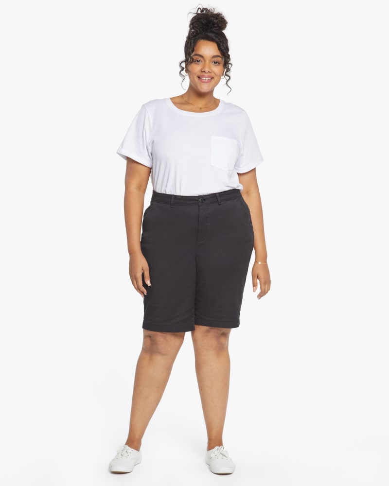 Front of a model wearing a size 14W Nancy Bermuda Short in Black by NYDJ. | dia_product_style_image_id:187624